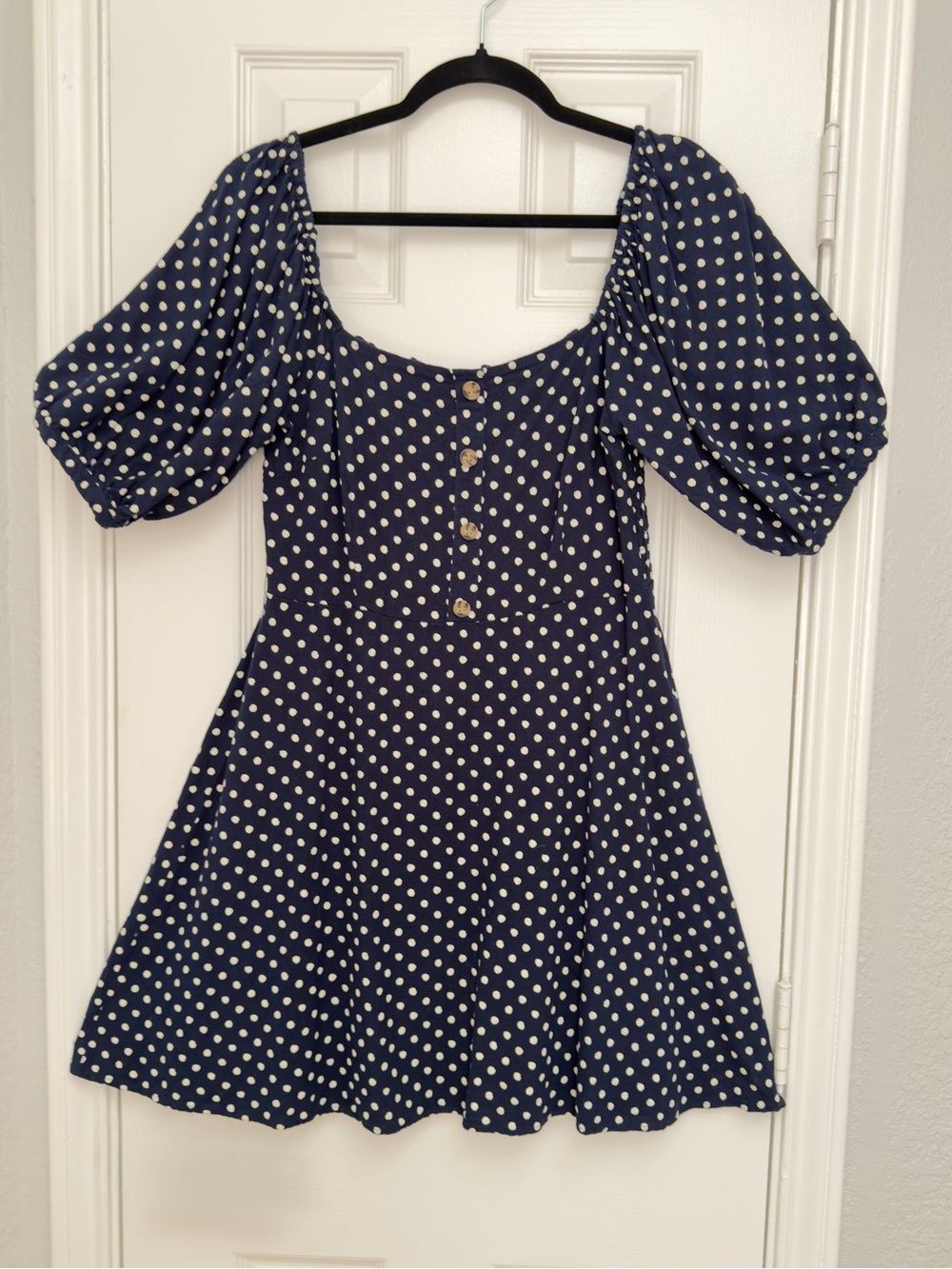 Vero Moda Navy and White Polka Dot Puff Sleeve Dress